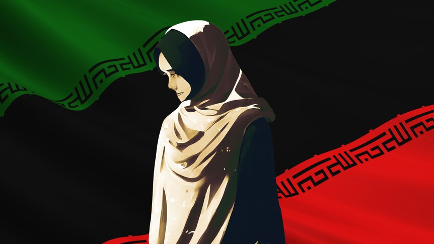 一个戴着头巾的女人俯视的插图，背后是伊朗国旗她用黑色而不是白色，中间